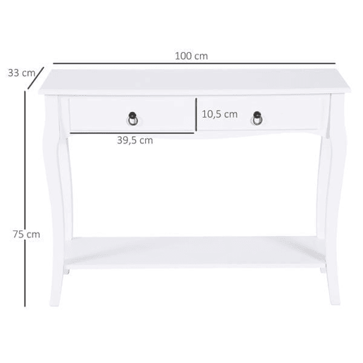 HOMCOM Mesa Tipo Consola para Sala de Estar Consola para Entrada com 2 Gavetas e Prateleira Inferior 100x33x75cm Branco