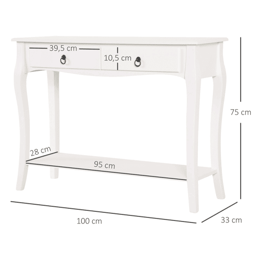 HOMCOM Mesa Tipo Consola para Sala de Estar Consola para Entrada com 2 Gavetas e Prateleira Inferior 100x33x75cm Branco