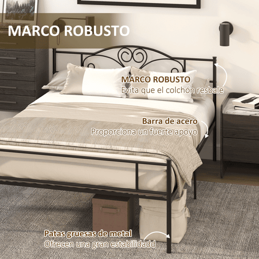 HOMCOM Estrutura de Cama Dupla de Metal para Colchão 150x200cm com Cabeceira e Pés de 31cm Estrutura de Cama de Casa com Espaço em Baixo de Armazenamento 158x211x106cm Preto