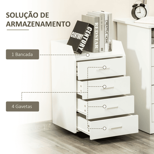 Vinsetto Gaveta de Escritório com Rodas, Móvel de Escritório com 4 Gavetas, Arquivador Móvel para Estudo, Sala, para Debaixo da Secretária, 40x36x65 cm, Branco