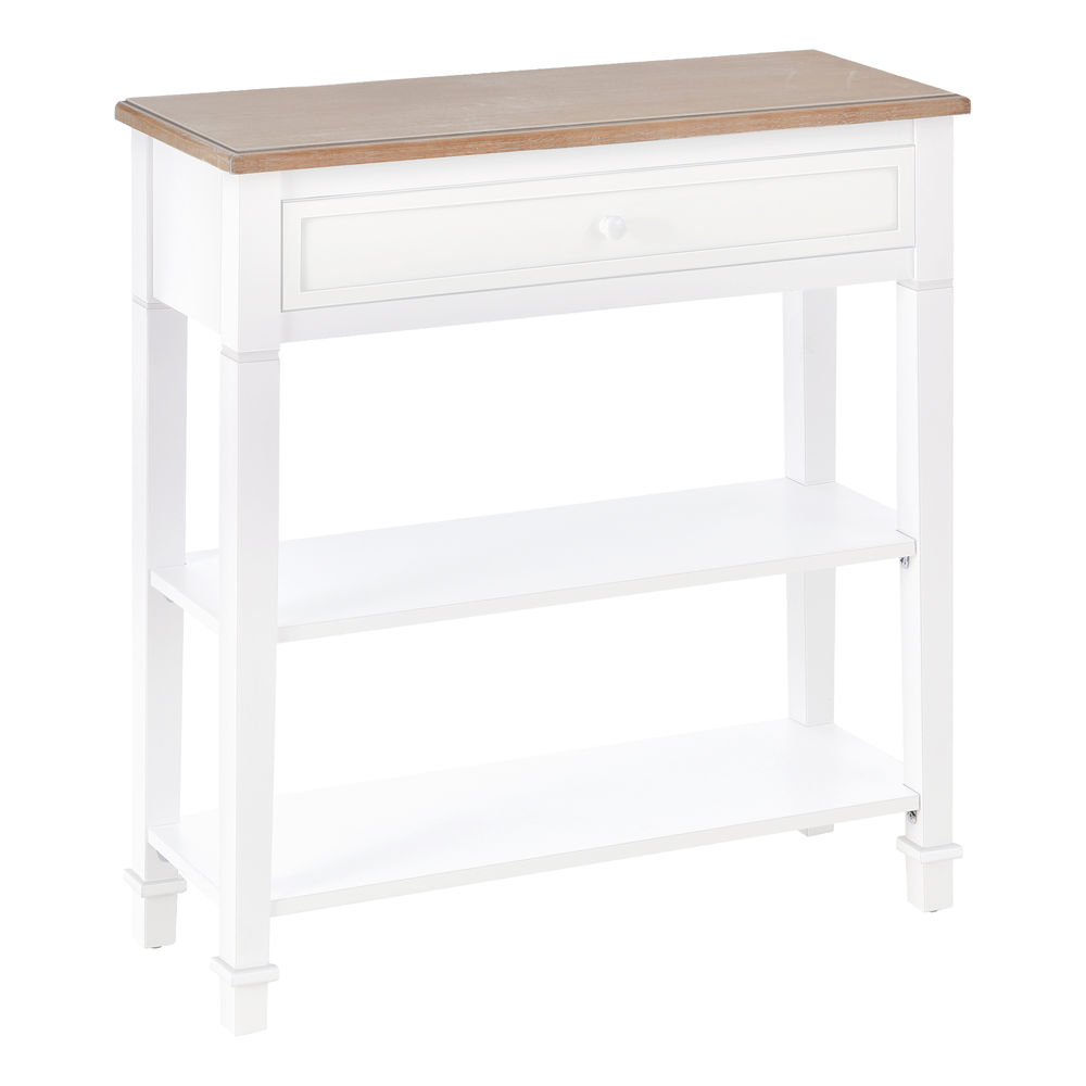 Homcom mesa de consola multifuncional mesa auxiliar para sala pasillo comedor con 2 estantes 1 cajón extraíble manija estilo de retro pino 75,6x27,5x80,5 cm madera natural blanco