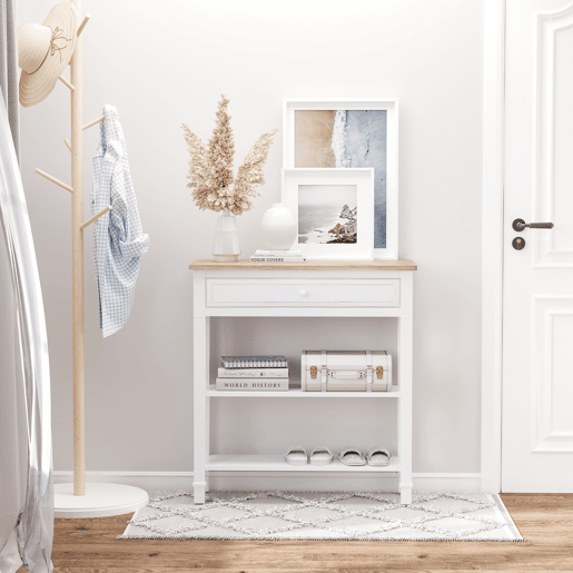 HOMCOM Mesa Consola Estilo Rétro Consola para Sala de Estar Corredor com 2 Prateleiras e 1 Gaveta 75,6x27,5x80,5 cm Branco e Madeira