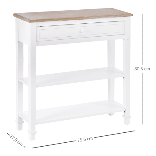 HOMCOM Mesa Consola Estilo Rétro Consola para Sala de Estar Corredor com 2 Prateleiras e 1 Gaveta 75,6x27,5x80,5 cm Branco e Madeira