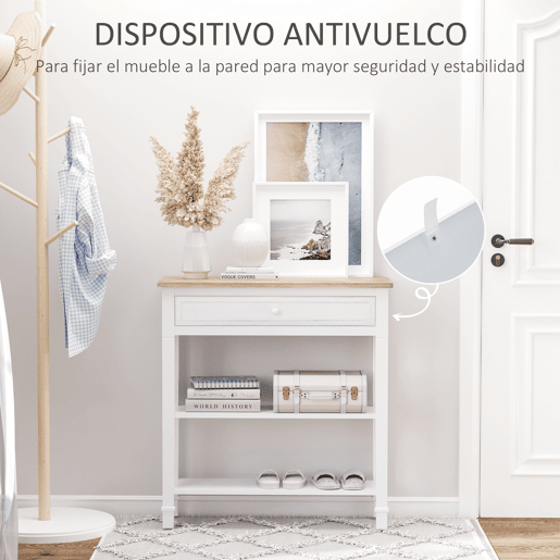 HOMCOM Mesa Consola Estilo Rétro Consola para Sala de Estar Corredor com 2 Prateleiras e 1 Gaveta 75,6x27,5x80,5 cm Branco e Madeira