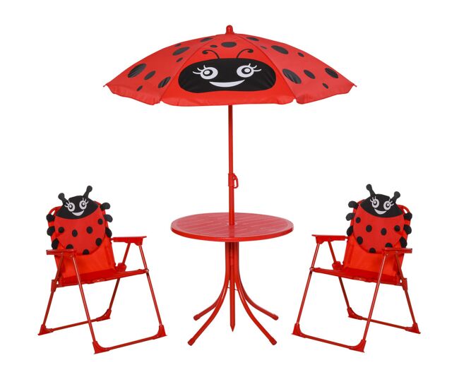 Outsunny set de mesa y sillas infantil de jardín conjunto de picnic plegable para niños juego de mesa con sombrilla ajustable en altura de 100-125 cm diseño de mariquita rojo