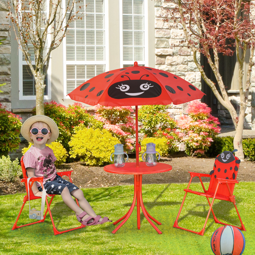 Outsunny Conjunto de Mesa e Cadeira de Jardim Conjunto de Picnic Dobrável para Crianças Conjunto de Mesa com Chapéu de Sol com Altura Ajustável 100-125cm Desenho de Joaninha Vermelho