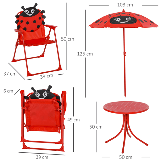 Outsunny Conjunto de Mesa e Cadeira de Jardim Conjunto de Picnic Dobrável para Crianças Conjunto de Mesa com Chapéu de Sol com Altura Ajustável 100-125cm Desenho de Joaninha Vermelho
