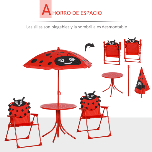 Outsunny Conjunto de Mesa e Cadeira de Jardim Conjunto de Picnic Dobrável para Crianças Conjunto de Mesa com Chapéu de Sol com Altura Ajustável 100-125cm Desenho de Joaninha Vermelho