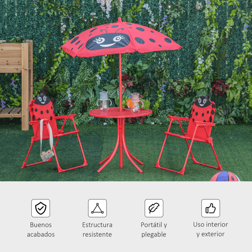 Outsunny Conjunto de Mesa e Cadeira de Jardim Conjunto de Picnic Dobrável para Crianças Conjunto de Mesa com Chapéu de Sol com Altura Ajustável 100-125cm Desenho de Joaninha Vermelho