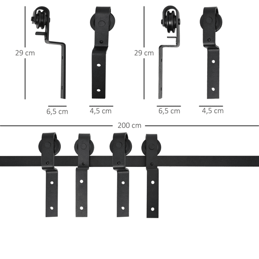 HOMCOM Conjunto de ferragens para porta deslizante dupla Kit de acessórios para porta deslizante com roda industrial Aço carbono Suporta até 90 kg Comprimento 200 cm Preto HOMCOM Conjunto de ferragens para porta deslizante dupla Kit de acessórios para porta deslizante com roda industrial Aço carbono Suporta até 90 kg Comprimento 200 cm Preto