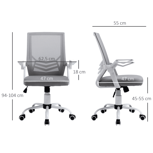 Vinsetto Cadeira de Escritório Ergonômica Cadeira de Escritório Giratória com Altura Ajustável Apoio para os Braços Dobrável Suporte Lombar e Encosto Transpirável 62,5x55x94-104cm Cinza