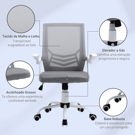Vinsetto Cadeira de Escritório Ergonômica Cadeira de Escritório Giratória com Altura Ajustável Apoio para os Braços Dobrável Suporte Lombar e Encosto Transpirável 62,5x55x94-104cm Cinza