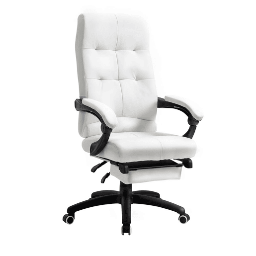 Vinsetto Cadeira de Escritório Ergonómica Giratória Cadeira de Escritório Reclinável Estofada em PU com Altura Ajustável Apoio para os Braços e Apoio para os Pés 65x65x118-125 cm Branco