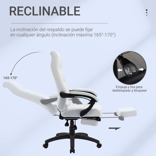 Vinsetto Cadeira de Escritório Ergonómica Giratória Cadeira de Escritório Reclinável Estofada em PU com Altura Ajustável Apoio para os Braços e Apoio para os Pés 65x65x118-125 cm Branco