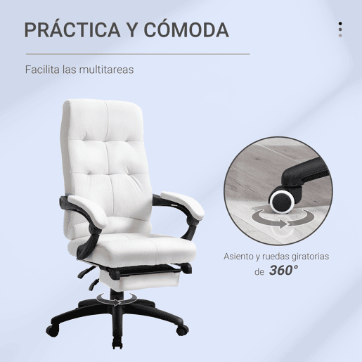 Vinsetto Cadeira de Escritório Ergonómica Giratória Cadeira de Escritório Reclinável Estofada em PU com Altura Ajustável Apoio para os Braços e Apoio para os Pés 65x65x118-125 cm Branco