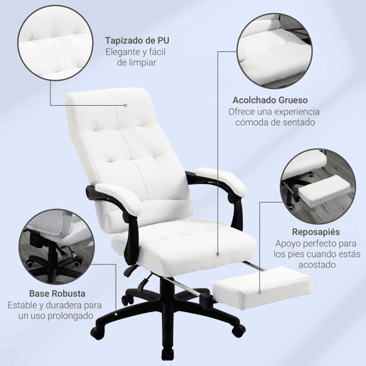 Vinsetto Cadeira de Escritório Ergonómica Giratória Cadeira de Escritório Reclinável Estofada em PU com Altura Ajustável Apoio para os Braços e Apoio para os Pés 65x65x118-125 cm Branco