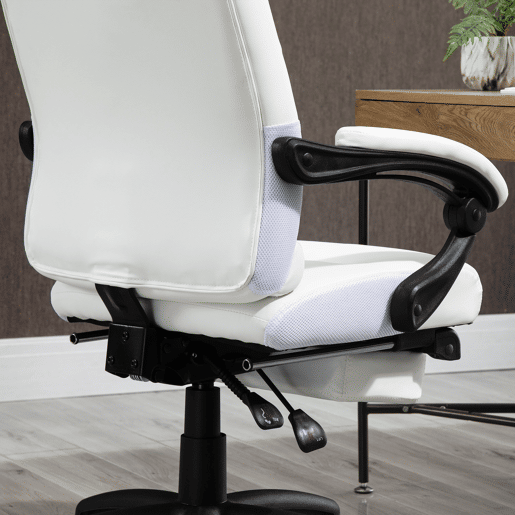 Vinsetto Cadeira de Escritório Ergonómica Giratória Cadeira de Escritório Reclinável Estofada em PU com Altura Ajustável Apoio para os Braços e Apoio para os Pés 65x65x118-125 cm Branco