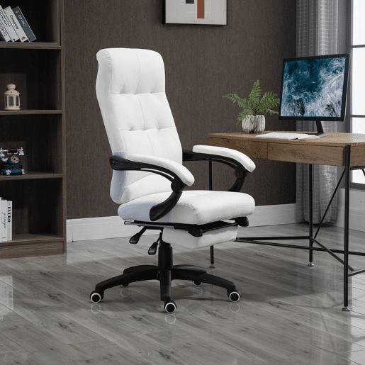 Vinsetto Cadeira de Escritório Ergonómica Giratória Cadeira de Escritório Reclinável Estofada em PU com Altura Ajustável Apoio para os Braços e Apoio para os Pés 65x65x118-125 cm Branco