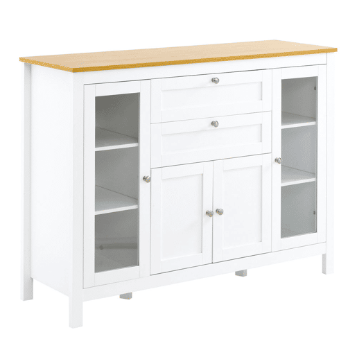 HOMCOM Aparador de Cozinha com Armário 2 Gavetas 2 Portas de Vidro e Prateleiras Ajustáveis Móvel Auxiliar de Armazenamento para Sala de Jantar Sala de Estar 120x40x90cm Branco