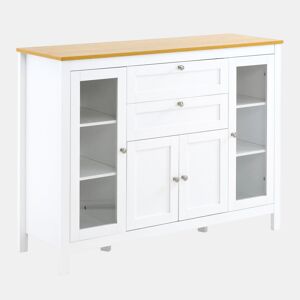HOMCOM Aparador de Cozinha com Armário 2 Gavetas 2 Portas de Vidro e Prateleiras Ajustáveis Móvel Auxiliar de Armazenamento para Sala de Jantar Sala de Estar 120x40x90cm Branco