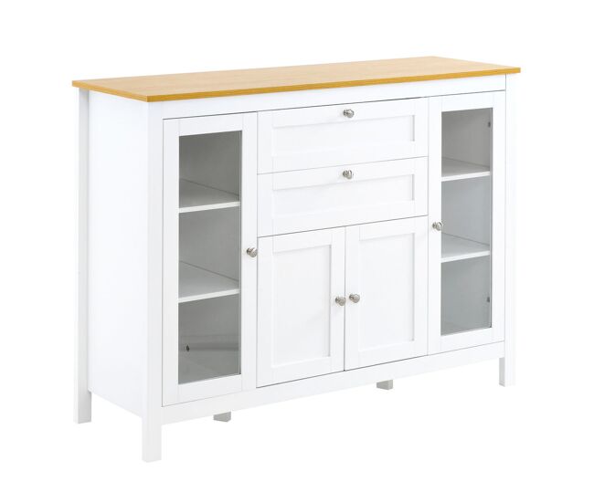 Homcom aparador con puertas de cristal con armario 2 cajones y estantes ajustables armario de almacenamiento para comedor salón 120x40x90 cm blanco