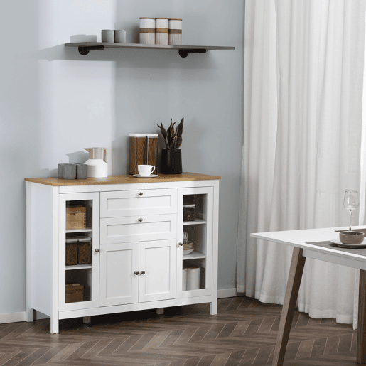 HOMCOM Aparador de Cozinha com Armário 2 Gavetas 2 Portas de Vidro e Prateleiras Ajustáveis Móvel Auxiliar de Armazenamento para Sala de Jantar Sala de Estar 120x40x90cm Branco