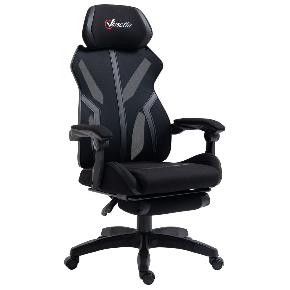 Vinsetto silla gaming con reposapiés retráctil silla de oficina giratoria reclinable con reposacabezas y altura ajustable 65x65x119-129 cm negro