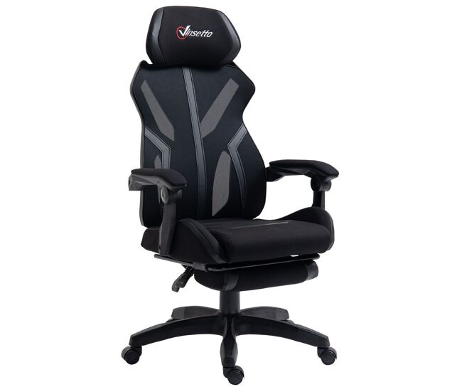 Vinsetto silla gaming con reposapiés retráctil silla de oficina giratoria reclinable con reposacabezas y altura ajustable 65x65x119-129 cm negro