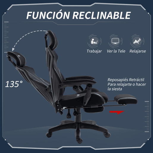 Vinsetto Cadeira de Gaming com Apoio para os Pés Retrátil Cadeira de Escritório Reclinável com Apoio para a Cabeça e Altura Ajustável 65x65x119-129cm Preto