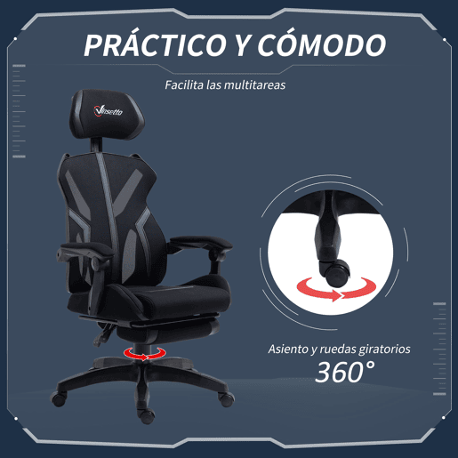 Vinsetto Cadeira de Gaming com Apoio para os Pés Retrátil Cadeira de Escritório Reclinável com Apoio para a Cabeça e Altura Ajustável 65x65x119-129cm Preto