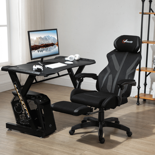 Vinsetto Cadeira de Gaming com Apoio para os Pés Retrátil Cadeira de Escritório Reclinável com Apoio para a Cabeça e Altura Ajustável 65x65x119-129cm Preto