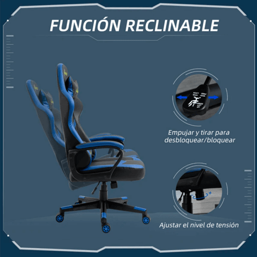 Vinsetto Cadeira Gaming Cadeira de Escritório Ergonómica com Altura Regulável Basculante com Apoio de Cabeça e Almofada Lombar 61x70x121-129 cm Azul