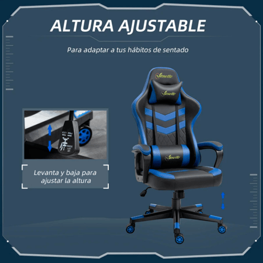 Vinsetto Cadeira Gaming Cadeira de Escritório Ergonómica com Altura Regulável Basculante com Apoio de Cabeça e Almofada Lombar 61x70x121-129 cm Azul