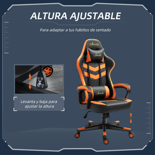 Vinsetto Cadeira Gaming Cadeira de Escritório Ergonómica com Altura Regulável Basculante com Apoio de Cabeça e Almofada Lombar 61x70x121-129 cm Laranja