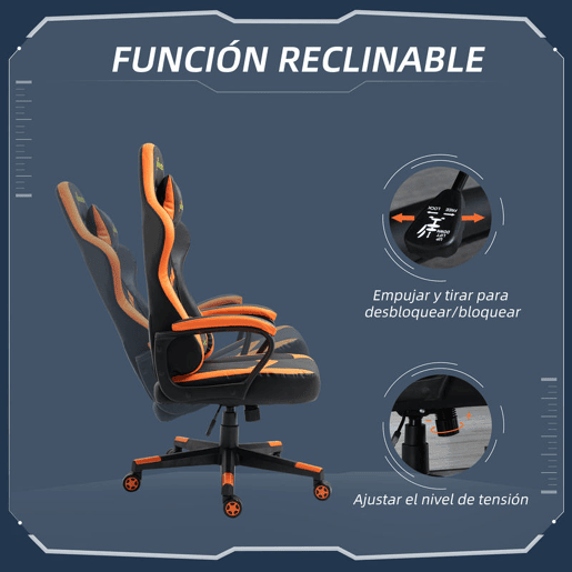 Vinsetto Cadeira Gaming Cadeira de Escritório Ergonómica com Altura Regulável Basculante com Apoio de Cabeça e Almofada Lombar 61x70x121-129 cm Laranja