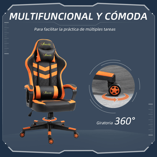 Vinsetto Cadeira Gaming Cadeira de Escritório Ergonómica com Altura Regulável Basculante com Apoio de Cabeça e Almofada Lombar 61x70x121-129 cm Laranja