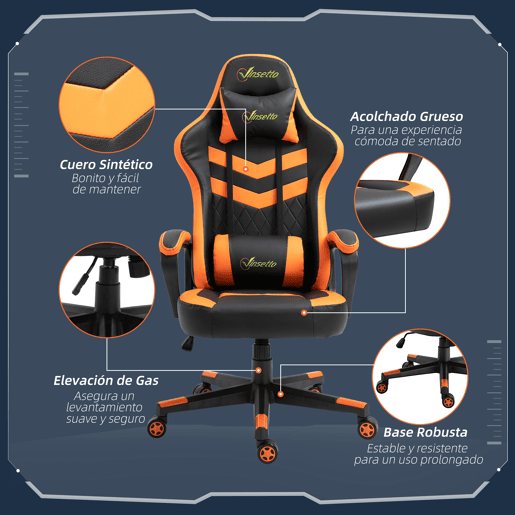 Vinsetto Cadeira Gaming Cadeira de Escritório Ergonómica com Altura Regulável Basculante com Apoio de Cabeça e Almofada Lombar 61x70x121-129 cm Laranja