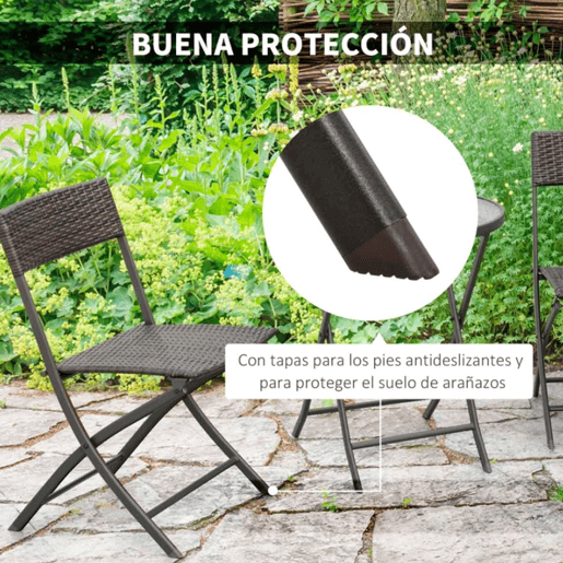 Outsunny Conjunto de Mesa e 2 Cadeiras Móveis Ratan para Jardím Exterior Pátio Terraço Dobrável Estrutura Aço