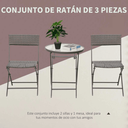Outsunny Conjunto de Mesa e 2 Cadeiras Móveis Ratan para Jardím Exterior Pátio Terraço Dobrável Estrutura Aço