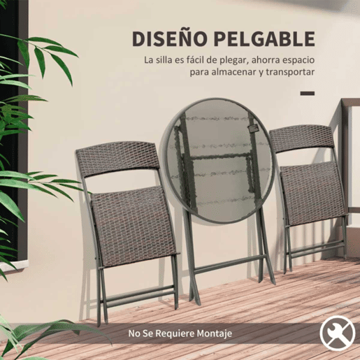 Outsunny Conjunto de Mesa e 2 Cadeiras Móveis Ratan para Jardím Exterior Pátio Terraço Dobrável Estrutura Aço