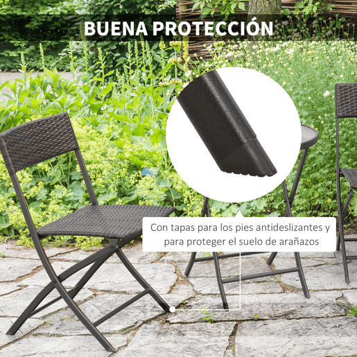 Outsunny Conjunto de Mesa e 2 Cadeiras Móveis Ratan para Jardím Exterior Pátio Terraço Dobrável Estrutura Aço