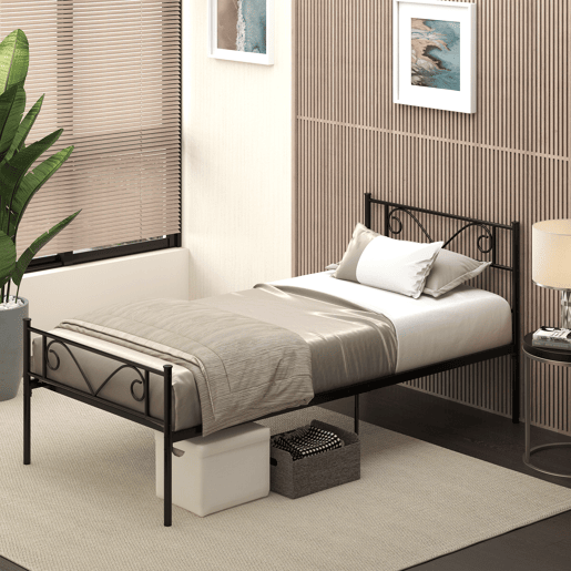 HOMCOM Estrutura de Cama Individual de Metal 31cm para Colchão 90x190cm com Cabeceira com Forma de Mariposa Estrutura de Cama com Espaço em Baixo de Armazenamento 95x196x100cm Preto
