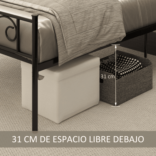 HOMCOM Estrutura de Cama Individual de Metal 31cm para Colchão 90x190cm com Cabeceira com Forma de Mariposa Estrutura de Cama com Espaço em Baixo de Armazenamento 95x196x100cm Preto