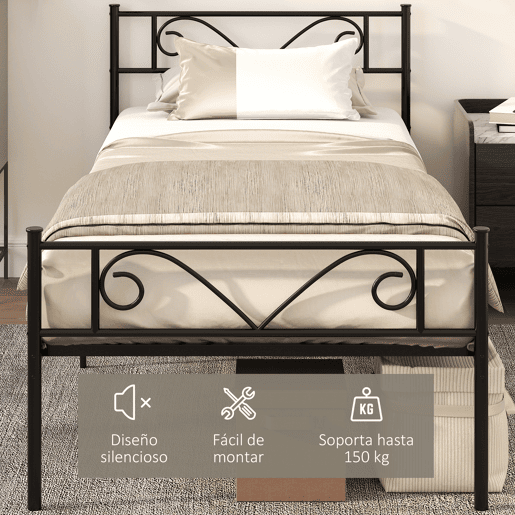 HOMCOM Estrutura de Cama Individual de Metal 31cm para Colchão 90x190cm com Cabeceira com Forma de Mariposa Estrutura de Cama com Espaço em Baixo de Armazenamento 95x196x100cm Preto