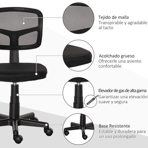 Vinsetto Cadeira de Escritório Operativa de Malha Cadeira de Escritório Giratória 360° com Altura Ajustável Suporte Lombar Respirável e Rodas 43x48x77,5-89,5cm Preto