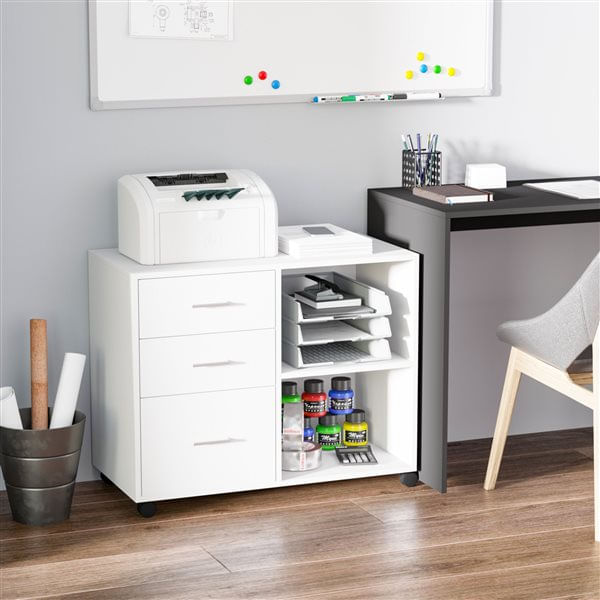 Homcom mueble impresora mesa para impresora multifuncional con 3 cajones estante ajustable ruedas gran capacidad de almacenaje 80x40x65 cm blanco