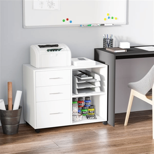 HOMCOM Armário de Escritório para Impressora Multifuncional com 3 Gavetas Prateleira Ajustável e Rodas 80x40x65cm Branco