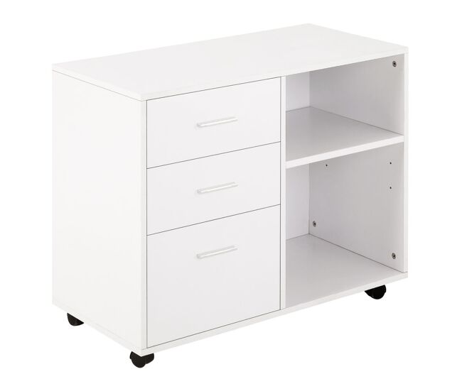 Homcom mueble impresora mesa para impresora multifuncional con 3 cajones estante ajustable ruedas gran capacidad de almacenaje 80x40x65 cm blanco