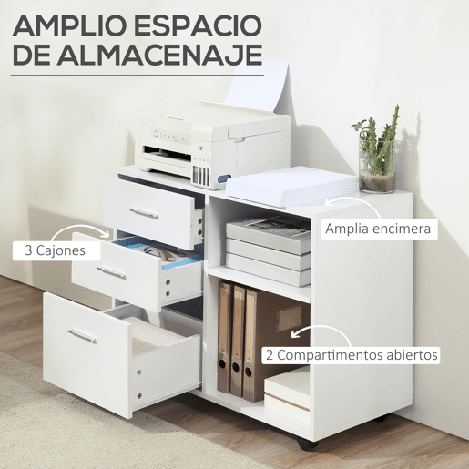 HOMCOM Armário de Escritório para Impressora Multifuncional com 3 Gavetas Prateleira Ajustável e Rodas 80x40x65cm Branco
