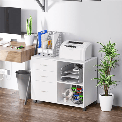 HOMCOM Armário de Escritório para Impressora Multifuncional com 3 Gavetas Prateleira Ajustável e Rodas 80x40x65cm Branco